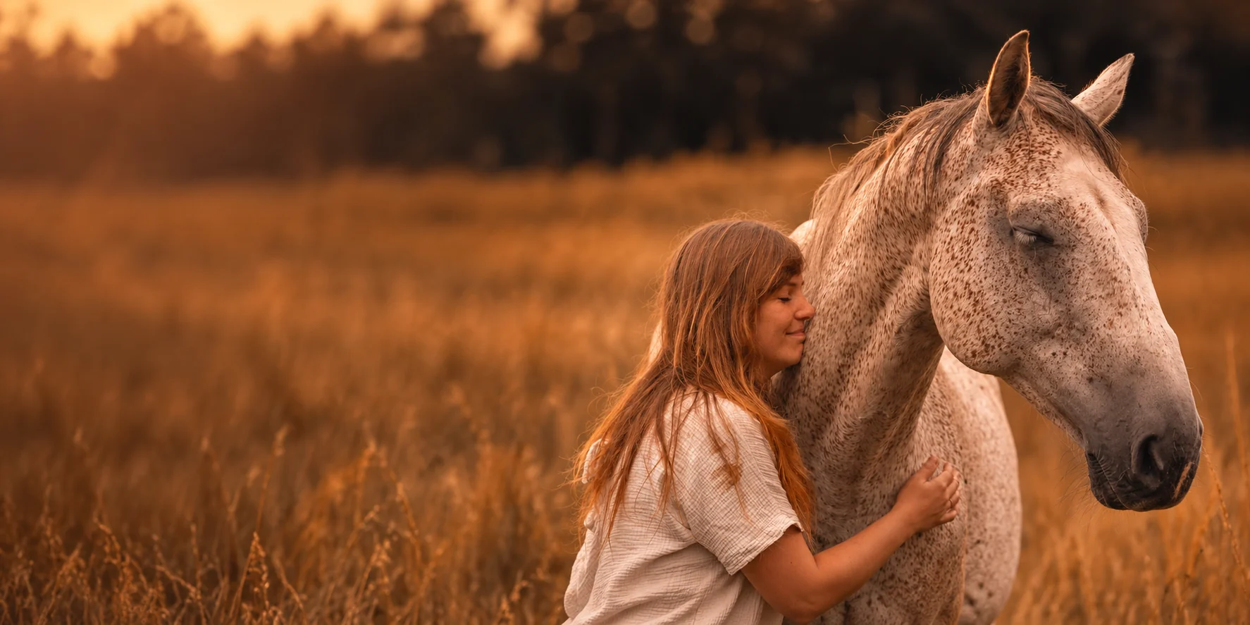 Ramona lehnt mit geschlossenen Augen die Wange an den Hals eines grauen Pferdes, goldenes Feld im Hintergrund