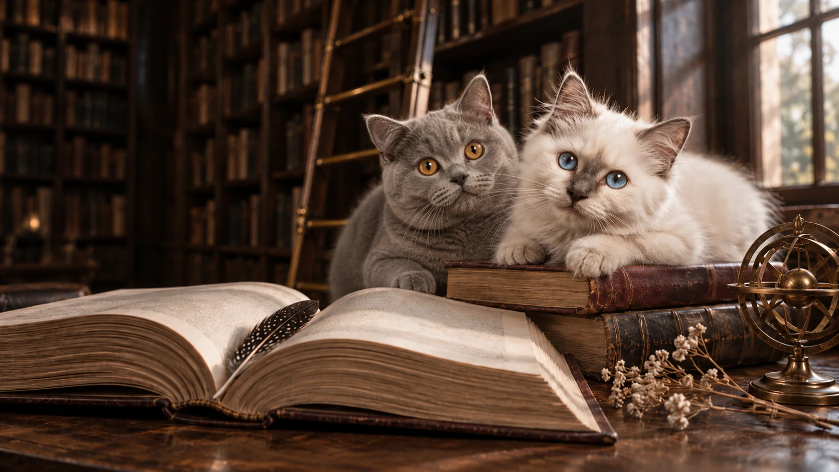 Zwei Kätzchen liegen auf alten Büchern vor einem aufgeschlagenen Buch in einer Bibliothek
