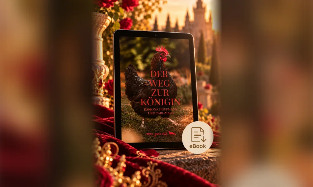 Das eBook „Der Weg zur Königin“ auf einem Tablet im Rosengarten, im Hintergrund ein Schloss im Abendlicht