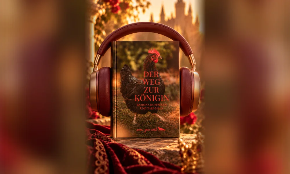 Das Buch „Der Weg zur Königin“ mit Kopfhörern vor einem Schloss im Abendlicht