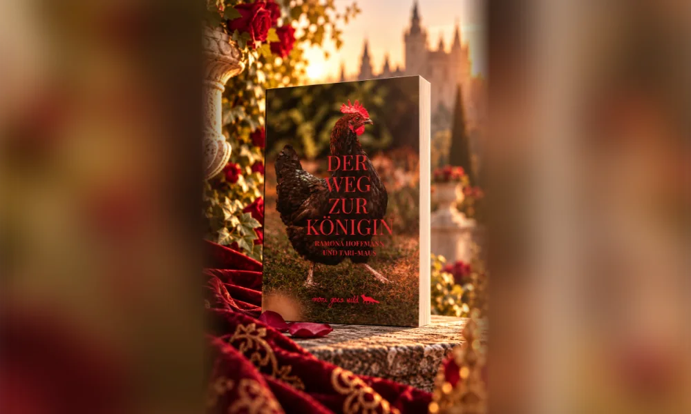 Das Softcover „Der Weg zur Königin“ auf einer Steinmauer im Rosengarten, im Hintergrund ein Schloss im Abendlicht