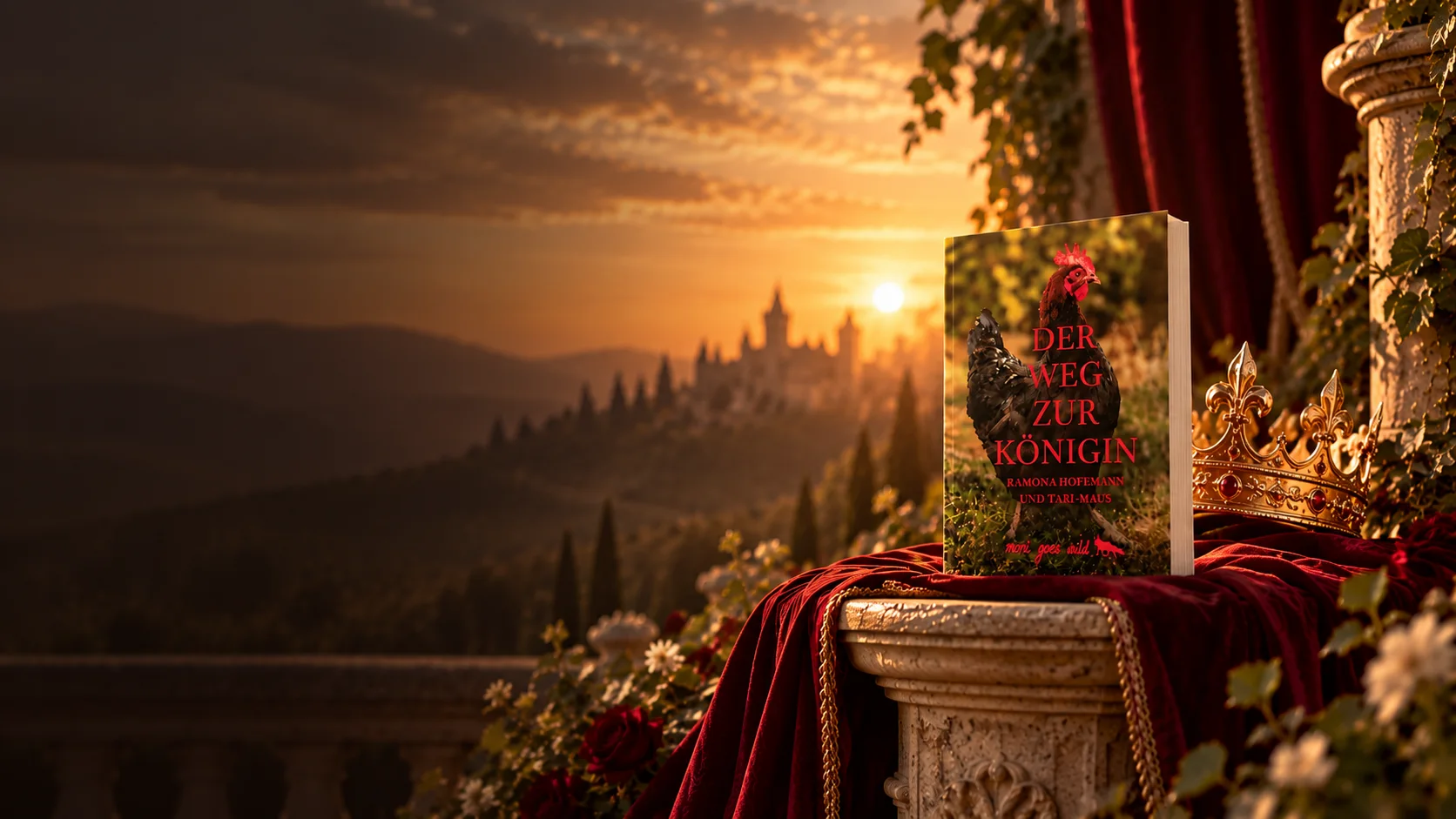 Das Softcover „Der Weg zur Königin“ auf einer Steinsäule mit rotem Samt neben einer goldenen Krone, im Hintergrund ein Schloss im Sonnenuntergang