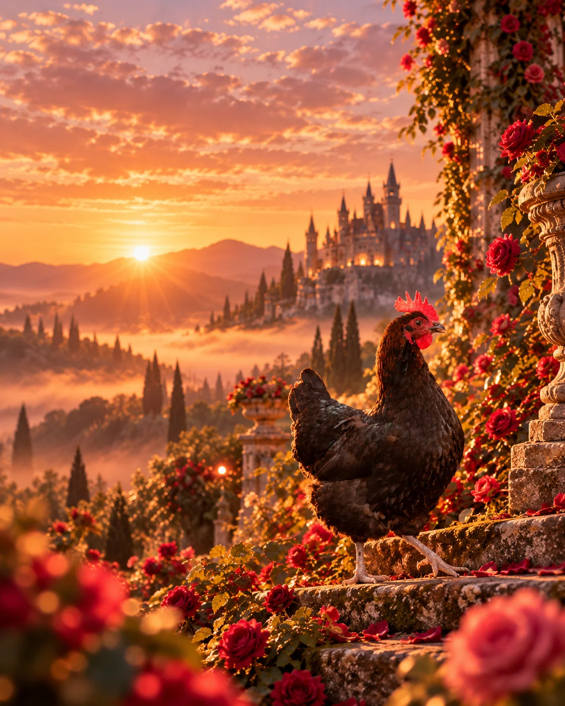 Schwarze Henne auf einer Steintreppe voller Rosen, im Hintergrund ein Schloss über nebligen Hügeln im Sonnenuntergang