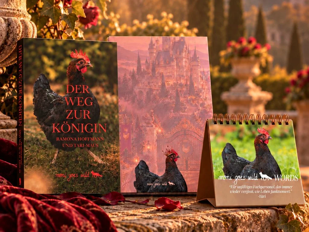 Queen Bundle im Rosengarten: das Softcover „Der Weg zur Königin“, der A5-Block und der Sprüchekalender „Moni goes wild words“