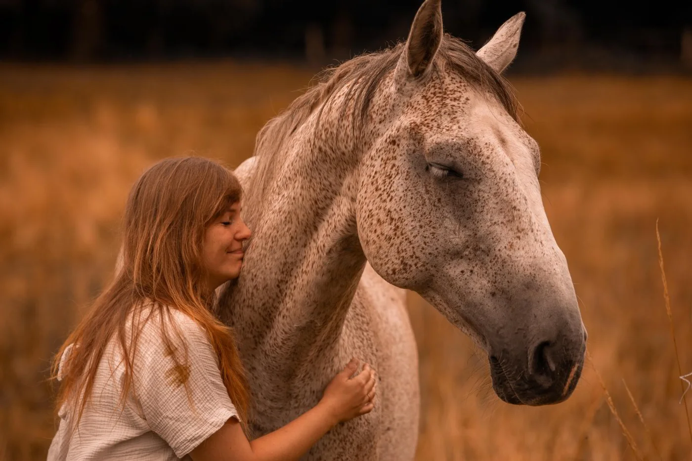 Ramona schmiegt ihr Gesicht an den Hals eines gesprenkelten Pferdes im goldenen Feld
